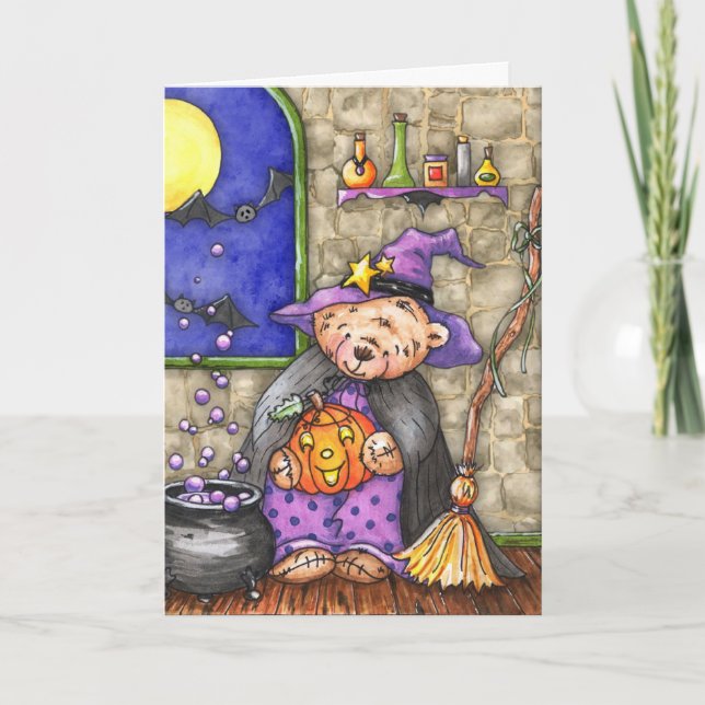 Cartão Teddy Bear Witch Halloween Card - Customizable (Frente)