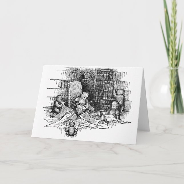 Cartão Teddy Bears Lendo na Biblioteca (Frente)
