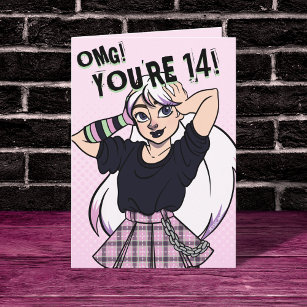 Cartão Teen Girl Pink Cartoon Punk 14 Aniversário