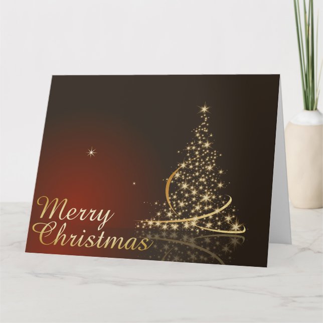 Cartão Tema de Natal Vermelho com árvore de Natal dourada (Frente)