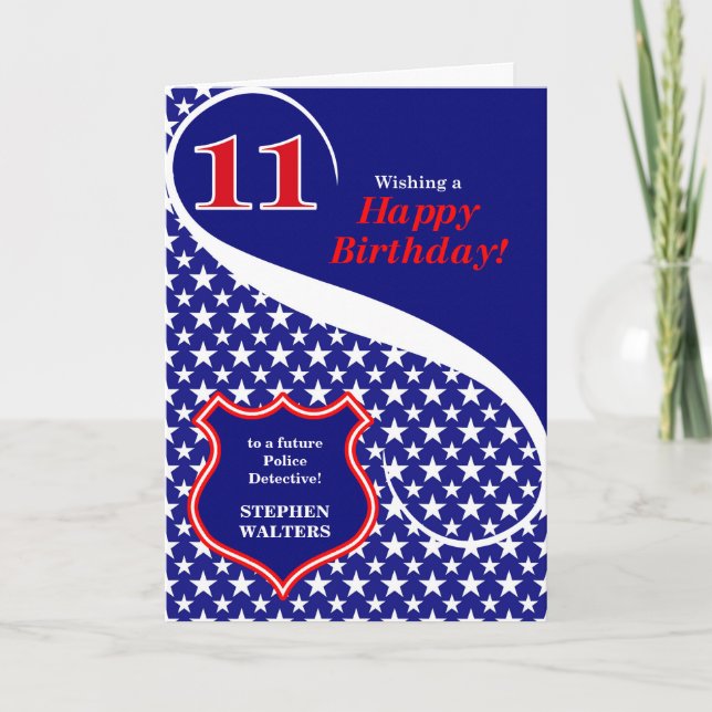 Cartão Tema de Polícia de Aniversário 11 com Nome (Frente)