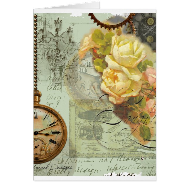 Cartão Tempo de Steampunk e Rosas Amarelas (Frente)