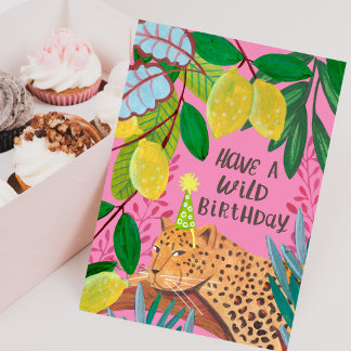 Cartão Tenha um Aniversário Selvagem Leopardo Limão Selva