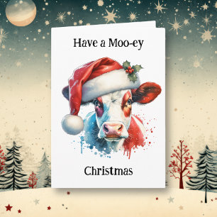 Cartão Tenha um Natal Moo-ey   Feriado de Cow Pun Engraça