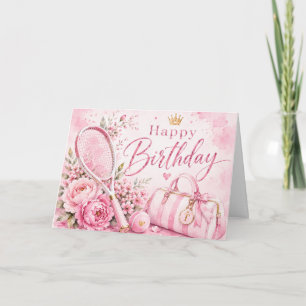 Cartão Tenis Tema Rosa de Aniversário para Mulher Jogador