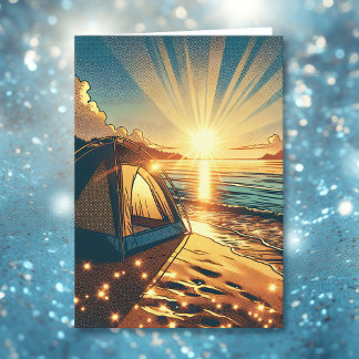 Cartão Tent em um acampamento em praia Themed Birday