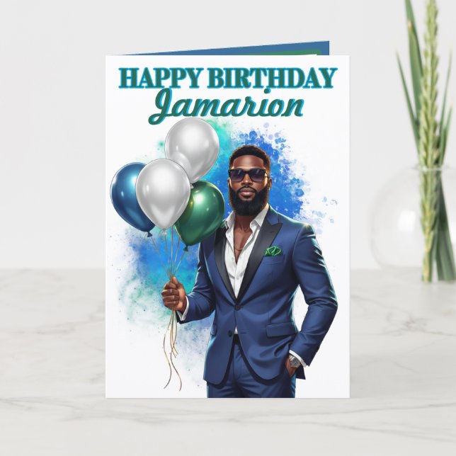 Cartão Terno Azul-Marinho Suave Aniversário Afro-American (Frente)