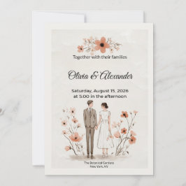 Cartão Terracotta Floral & Couple Illustration Wedding