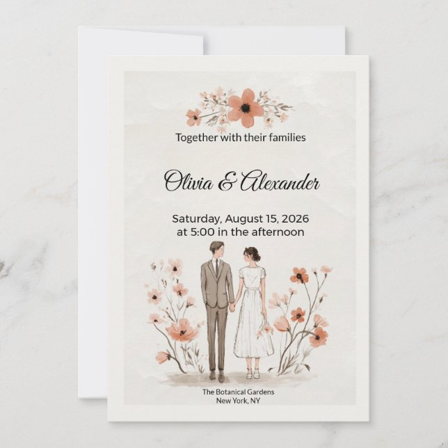 Cartão Terracotta Floral & Couple Illustration Wedding (Frente)