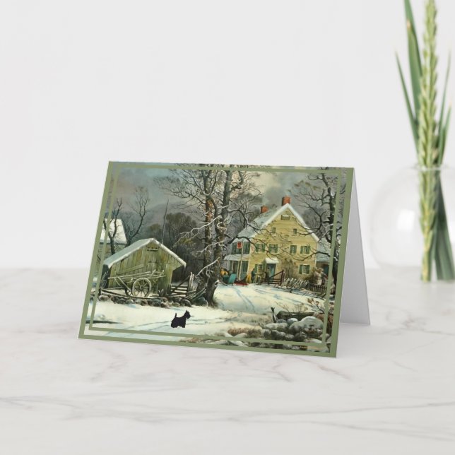 Cartão Terrier Escocês Estilo Antigo de Inverno (Frente)