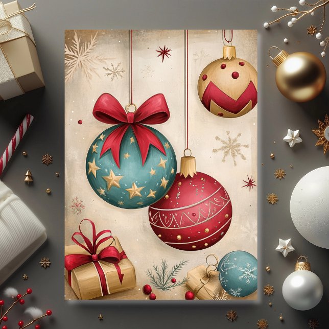 Cartão Tesouro de Enfeite Antigo  (Vintage ornaments and bows create a timeless Christmas greeting card)