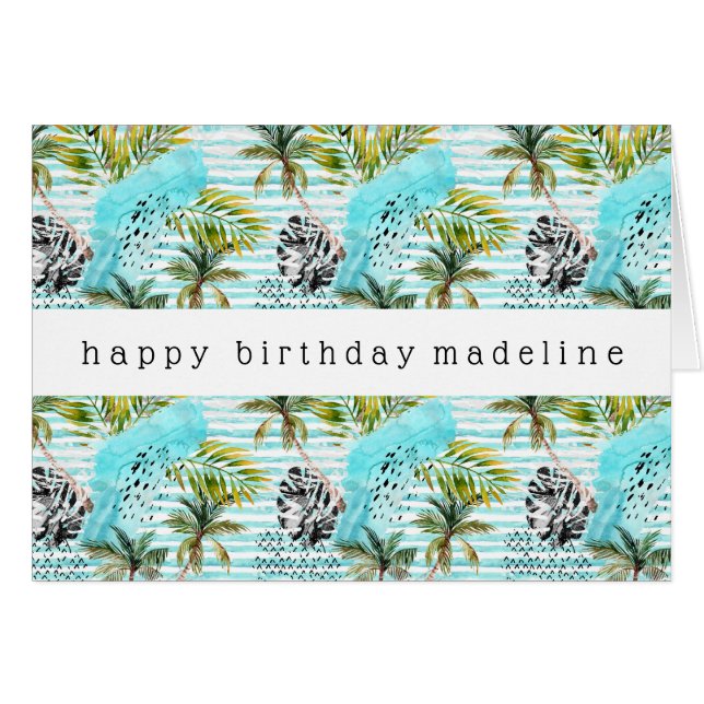 Cartão Teste padrão abstrato da palmeira da aguarela (Frente Horizontal)