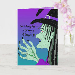 Cartão Testemunhando uma Bruxa Desenhada Feliz de Hallowe