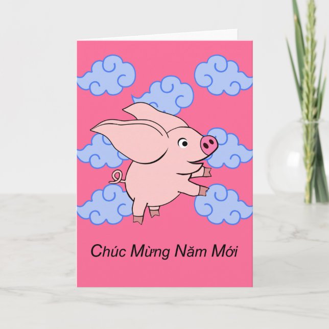 Cartão Tet, Chuc Mung Nam Moi, Cute Flying Pig (Frente)