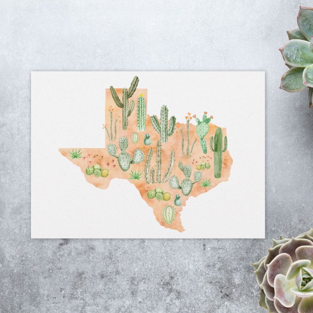 Cartão Texas Cactus Watercolor Illustration Map Flat (Close up)