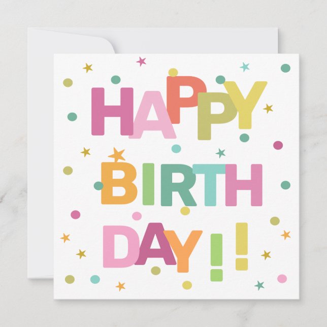 Cartão Texto Colorido Confetti e Estrelas Feliz Aniversár (Frente)