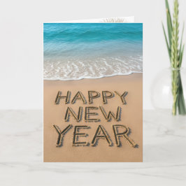 Cartão Texto de Ano Novo Feliz em uma Praia Tropical