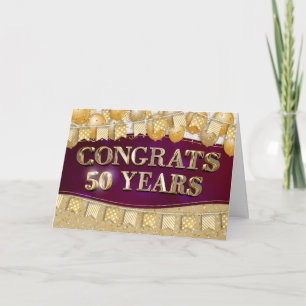 Cartão Texto Dourado e Balões do 50.º Aniversário do Func