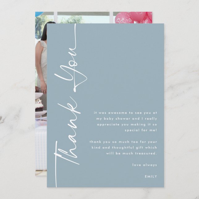 Cartão Texto girado Foto com Obrigados azuis empoeirados (Frente/Verso)