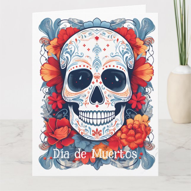 Cartão Texto personalizado azul e vermelho Día de Muertos (Frente)