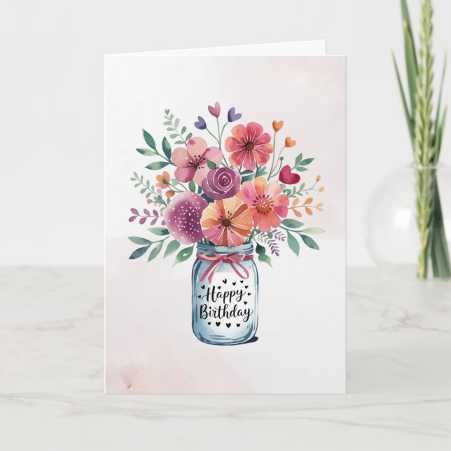 Cartão Texto personalizado Feliz Aniversário Buquê Floral (Frente)