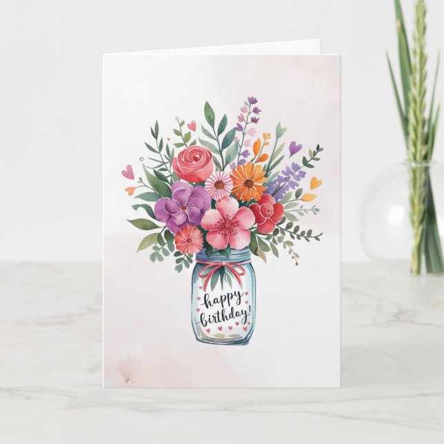 Cartão Texto personalizado Feliz Aniversário Buquê Floral (Frente)