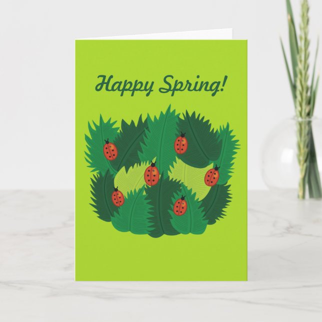 Cartão Texto Personalizado Folhas Verdes E Damybugs Feliz (Frente)