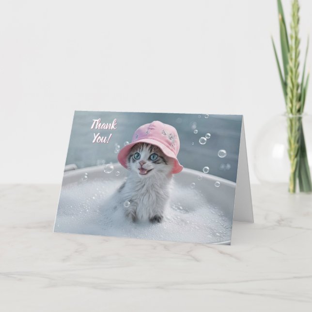 Cartão Thank You Cute Happy Kitten in Bubble Bath  (Frente)