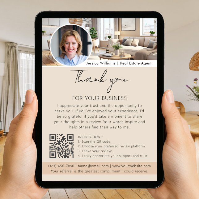 Cartão Thank You Review Request with QR Code Photo Beige (Criador carregado)