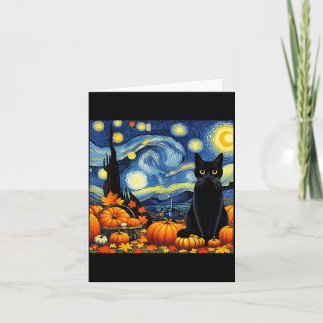 Cartão Thanksgiving Van Gogh Starry Night Black Cat Pumpk (Frente)