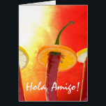 Cartão The Red, The Hot, The Chili<br><div class="desc">Still life of three red chili peppers wearing sombrerors made of lemon and tangerin against the textured background of hot and sunny Mexican day. Card. Funny friendship theme. You can change the template text Hola,  Amigo!</div>