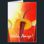 Cartão The Red, The Hot, The Chili<br><div class="desc">Still life of three red chili peppers wearing sombrerors made of lemon and tangerin against the textured background of hot and sunny Mexican day. Card. Funny friendship theme. You can change the template text Hola,  Amigo!</div>