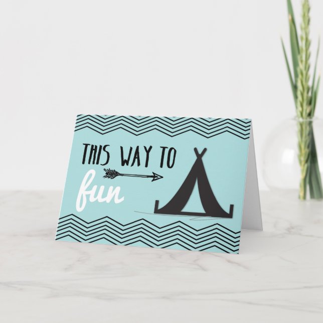 Cartão Thinking of You at Camp, Tent & Arrow on Teal (Frente)
