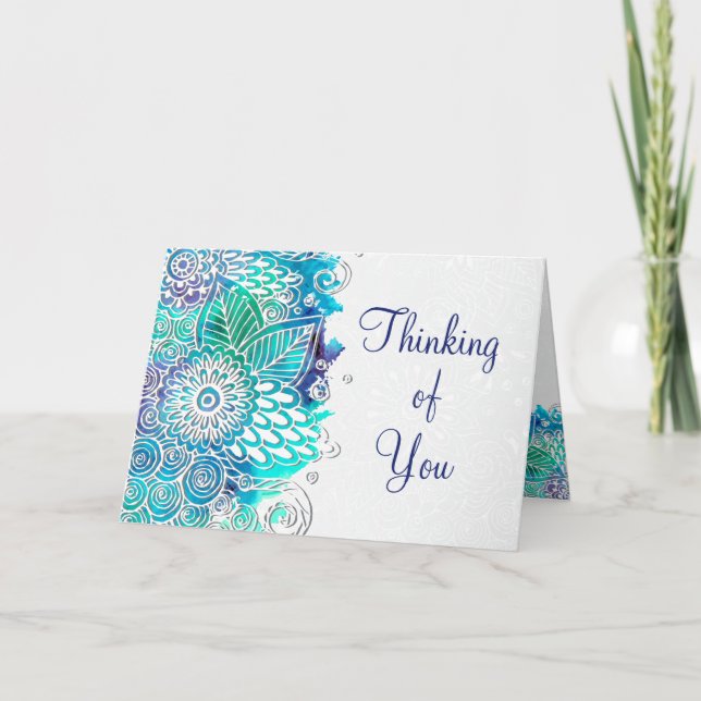 Cartão Thinking Of You Blue and Teal Floral Mandala (Frente)