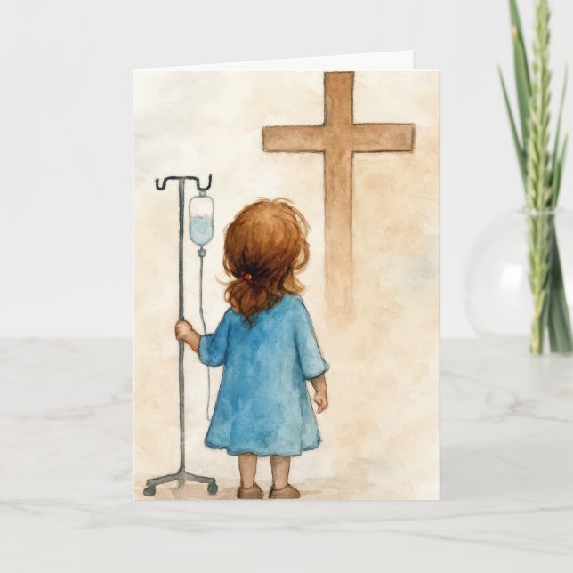 Cartão Thinking of You Little Girl Holding an IV Pole (Frente)