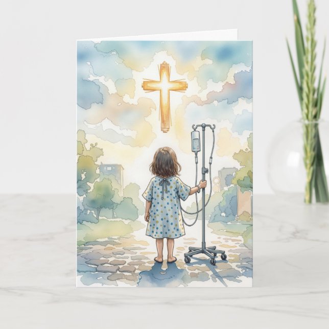Cartão Thinking of You Little Girl Holding an IV Pole (Frente)
