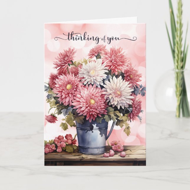Cartão Thinking of You Pink and White Chrysanthemums (Frente)