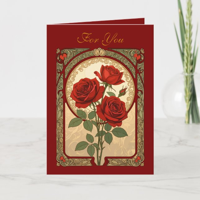 Cartão Three Deep Red Roses Art Nouveau Style (Frente)