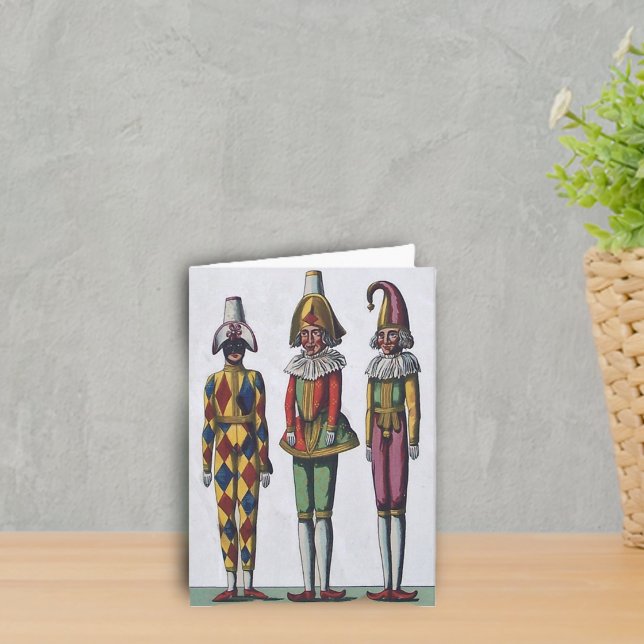 Cartão Three Jesters Note Card (Three Dolls in colourful Jester outfits with hats on grey notecards.)