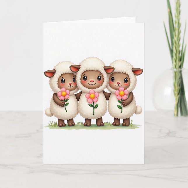 Cartão Three Lambs Flower Friend Card (Frente)