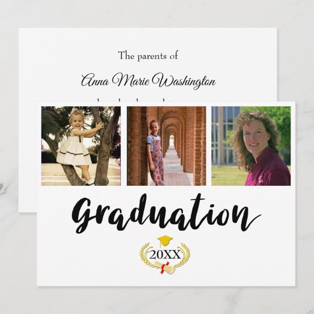 Cartão Three photos College Graduation Announcement (Frente/Verso)
