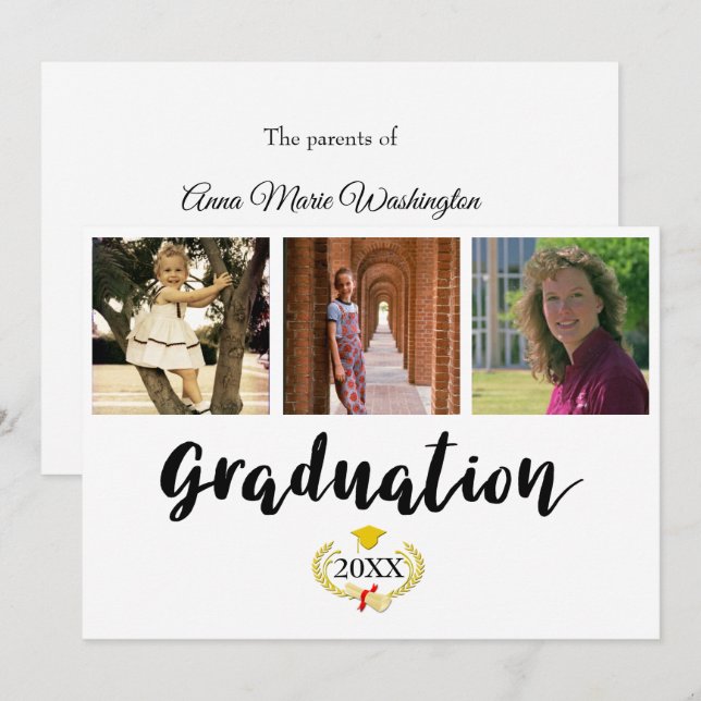 Cartão Three photos High School Graduation Announcement (Frente/Verso)