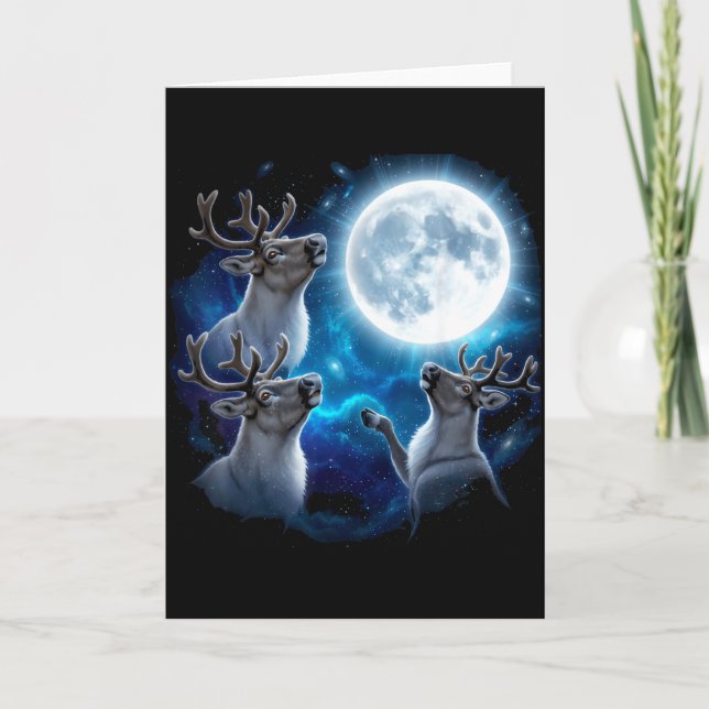 Cartão Three Reindeer Howling At The Moon Merry Christmas (Frente)