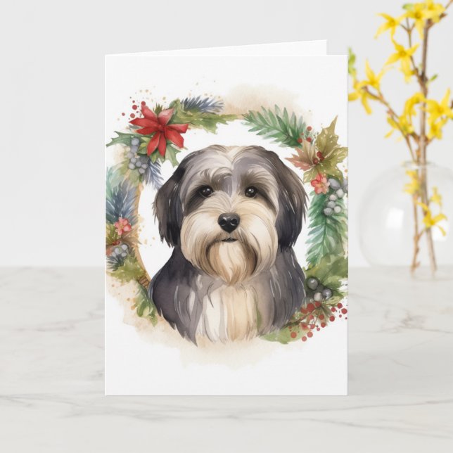 Cartão Tibetano Terrier Christmas Wreath Festivo Pup (Flor Amarela)