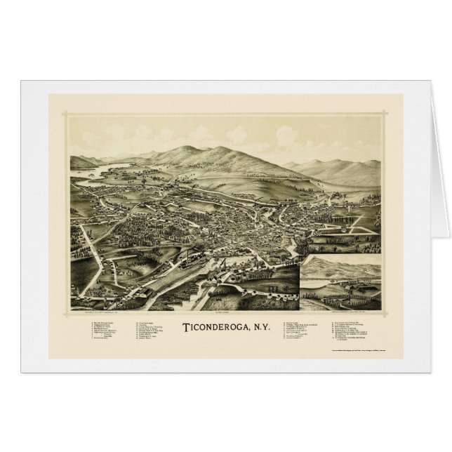 Cartão Ticonderoga, mapa panorâmico de NY - 1891 (Frente Horizontal)