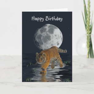 Cartão Tiger Cub Wild Cat Full Moon Fantasy Birthday Card