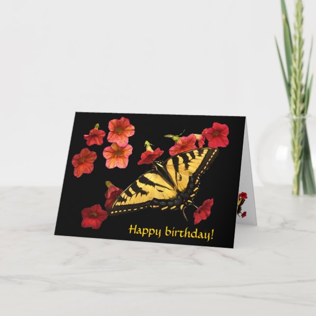 Cartão Tiger Swallowtail on Red Flowers Birthday (Frente)