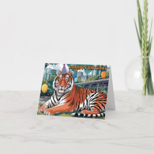 Cartão tigre bengal vestindo chapéu de aniversário