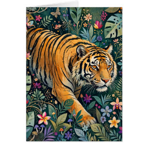 Cartão Tigre com Olhos Âmbar Folhagem da Selva Fantasia