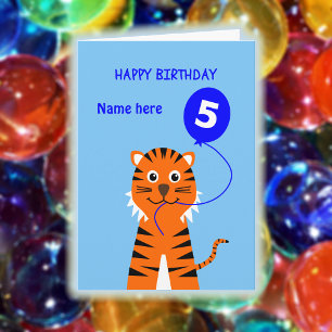 Cartão Tigre do quinto aniversário adiciona nome azul